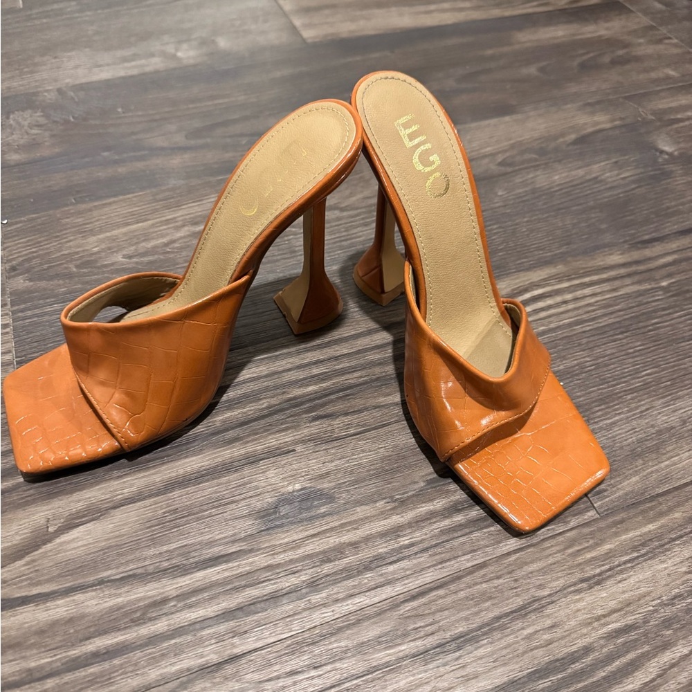 EGO Tan Heels with Sculptural High Heel and Square Toe
